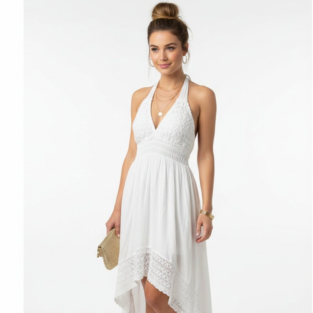 Sea Spice White Crochet Lace Asymmetric Sleeveless Halter Summer Midi Dress L
